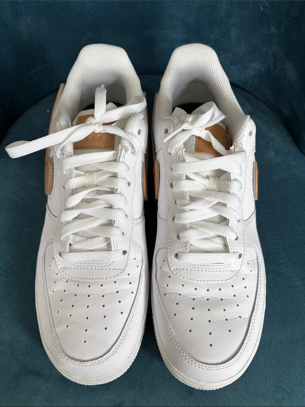 Nike White Sneakers with Tan Swoosh and Navy Heel